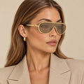 Chanel Mask Shield Sunglasses Gold Brown on model