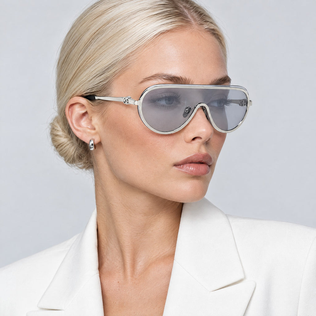 Chanel Mask Shield Sunglasses Silver Grey on model
