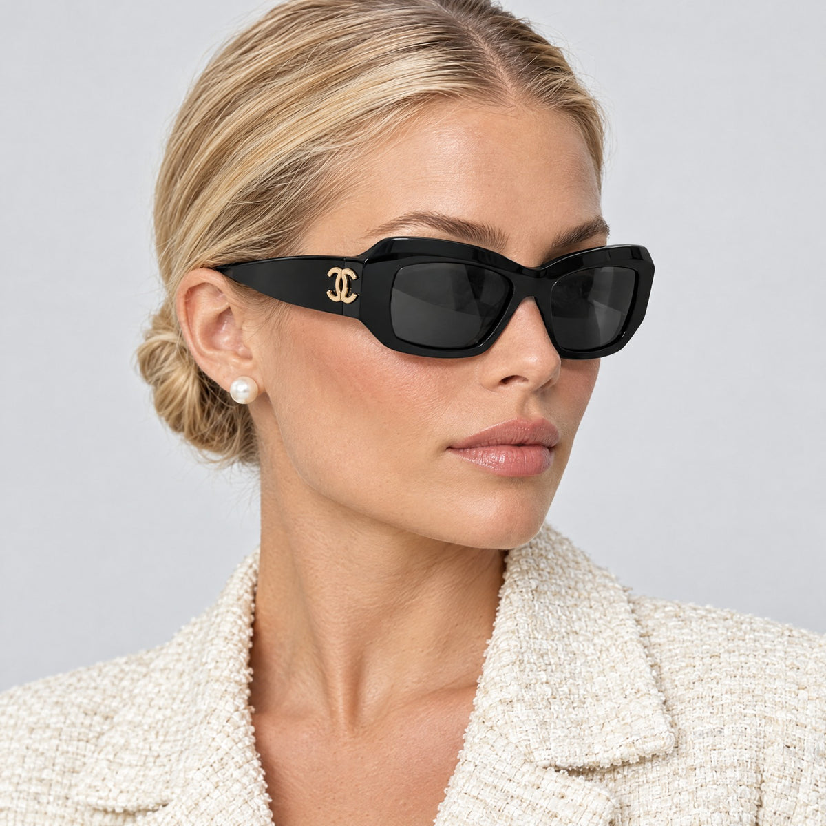 Chanel Rectangle CC Sunglasses Black on model