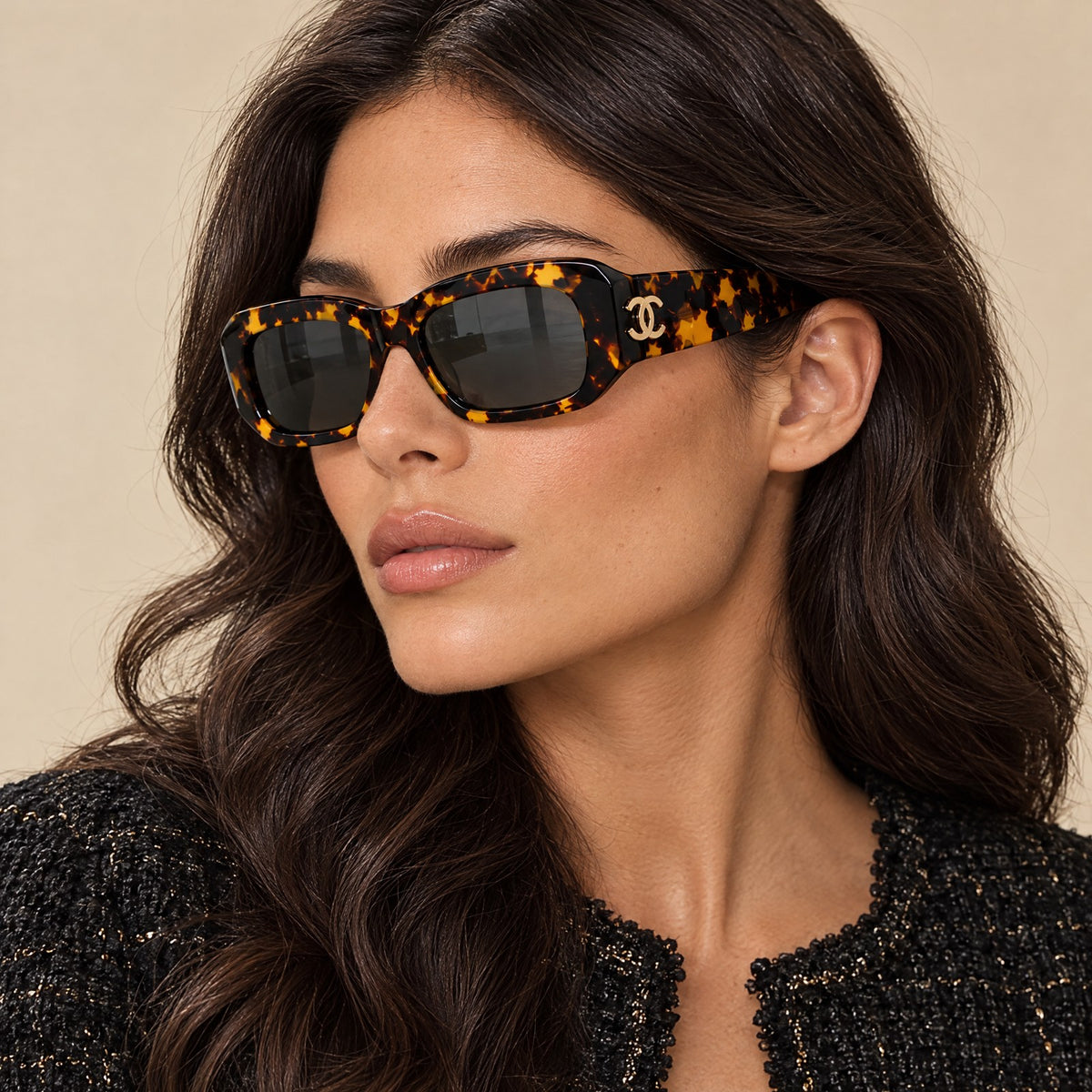 Chanel Rectangle CC Sunglasses Tortoise Black on model