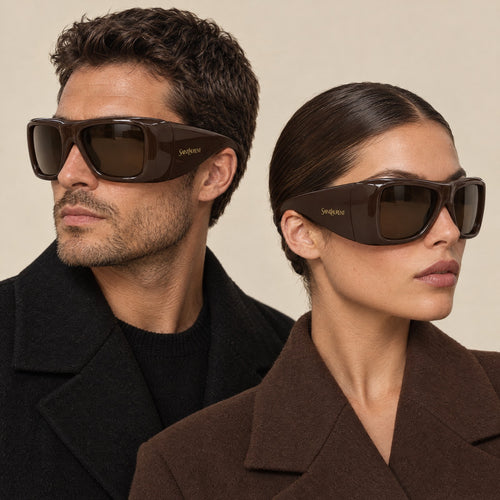 Saint Laurent Wrap Sunglasses Brown on model