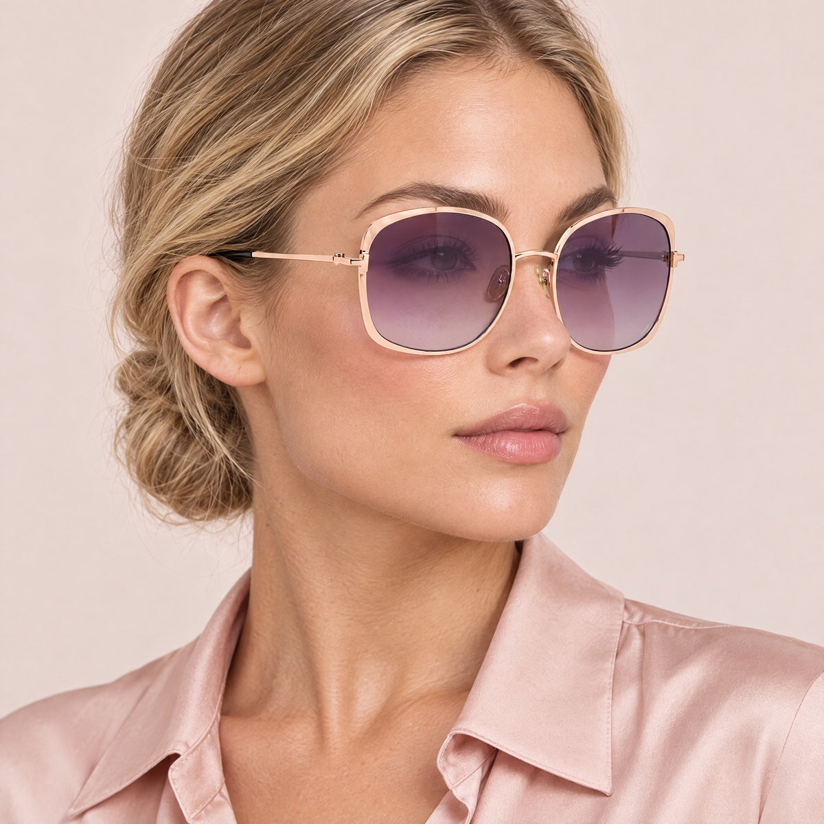 Tom Ford Butterfly Metal Sunglasses Rose Gold Purple Gradient on model