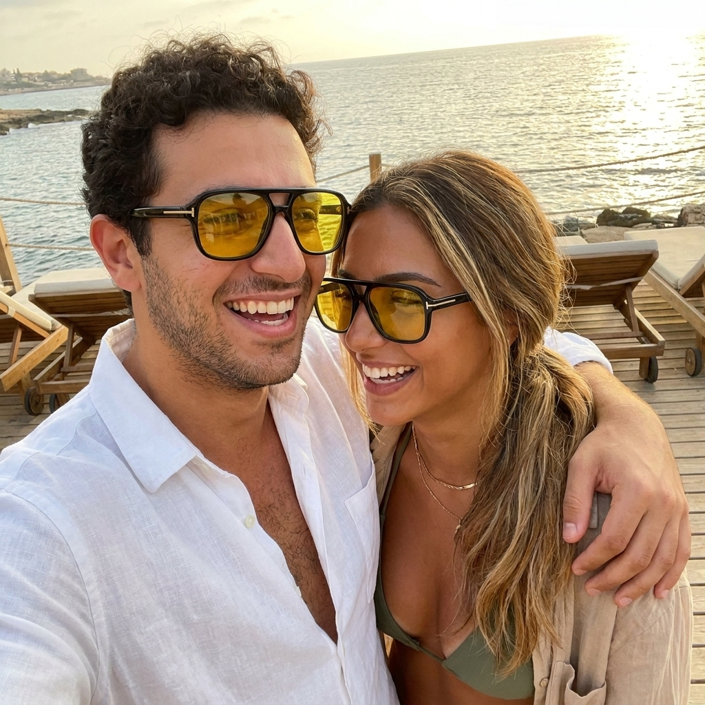 Tom Ford FALCONER-02 FT0884 Black/Yellow worn by a man and a woman at a Batroun beach club