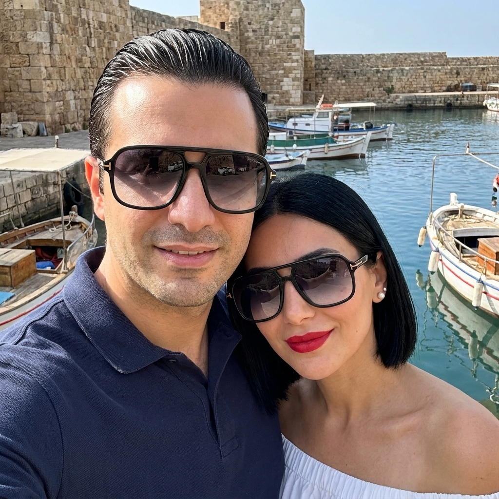 Tom Ford FALCONER-02 FT0884 Black/Gradient worn by a man and a woman at Byblos harbour