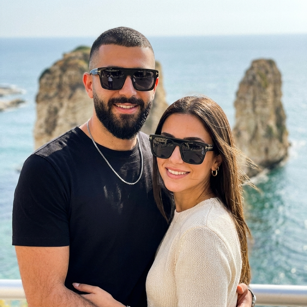 Tom Ford Fausto Black/Black worn by a man and a woman on the Beirut Corniche by Raouche