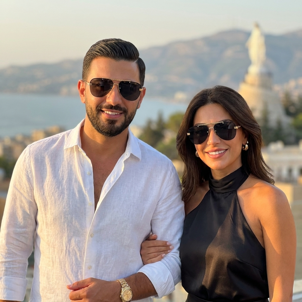 Louis Vuitton Ash Gold/Black worn by a man and a woman on a Jounieh rooftop