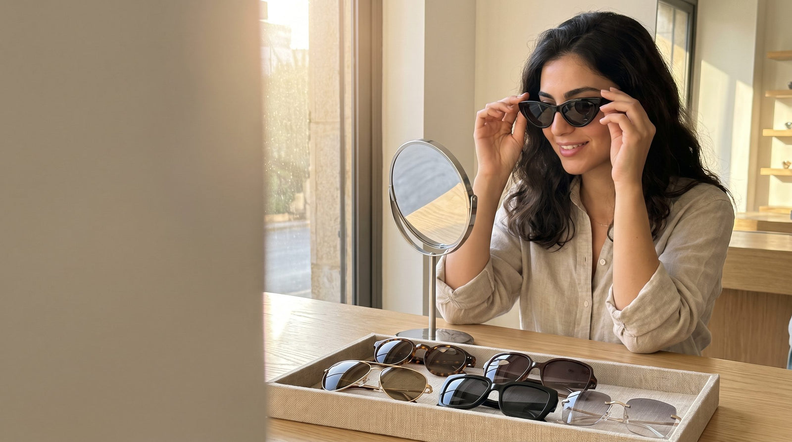 Woman trying on cat-eye sunglasses in front of a mirror, with a tray of aviator, round and square frames