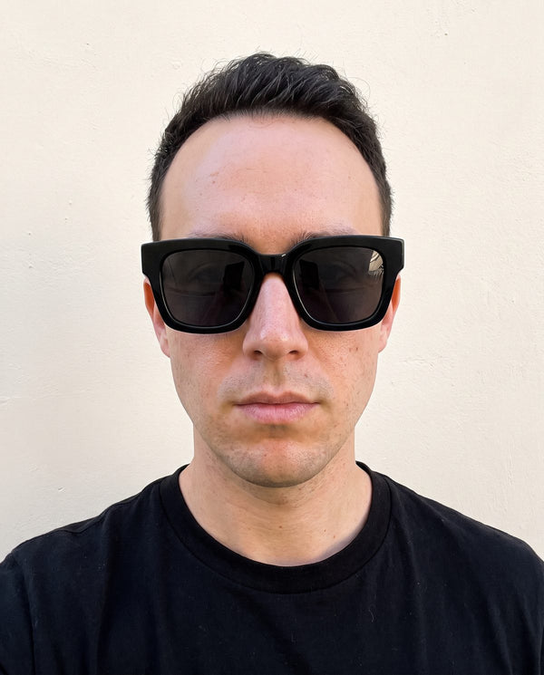 Oblong face wearing oversized sunglasses